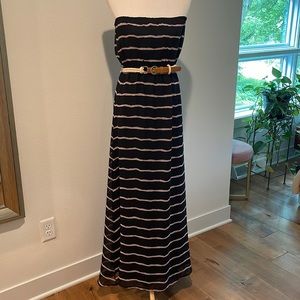 YA Los Angeles strapless striped maxi dress with belt
